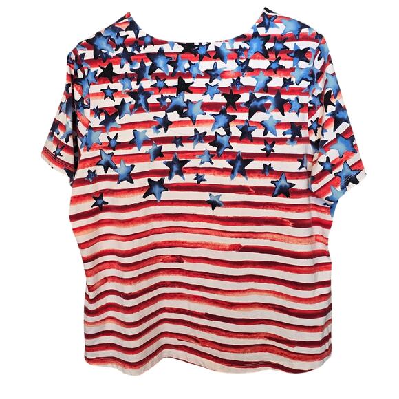 D&Co Top Womens Size XL Multicolor Stars and Stripes Short Sleeve Cotton Blend - Picture 2 of 10